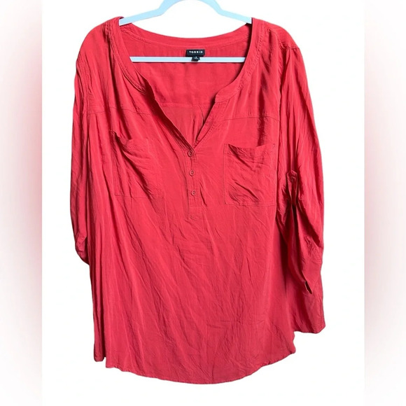 Torrid Red Orange 1/4 Button 3x long Sleeve Pocket Blouse - Picture 2 of 8